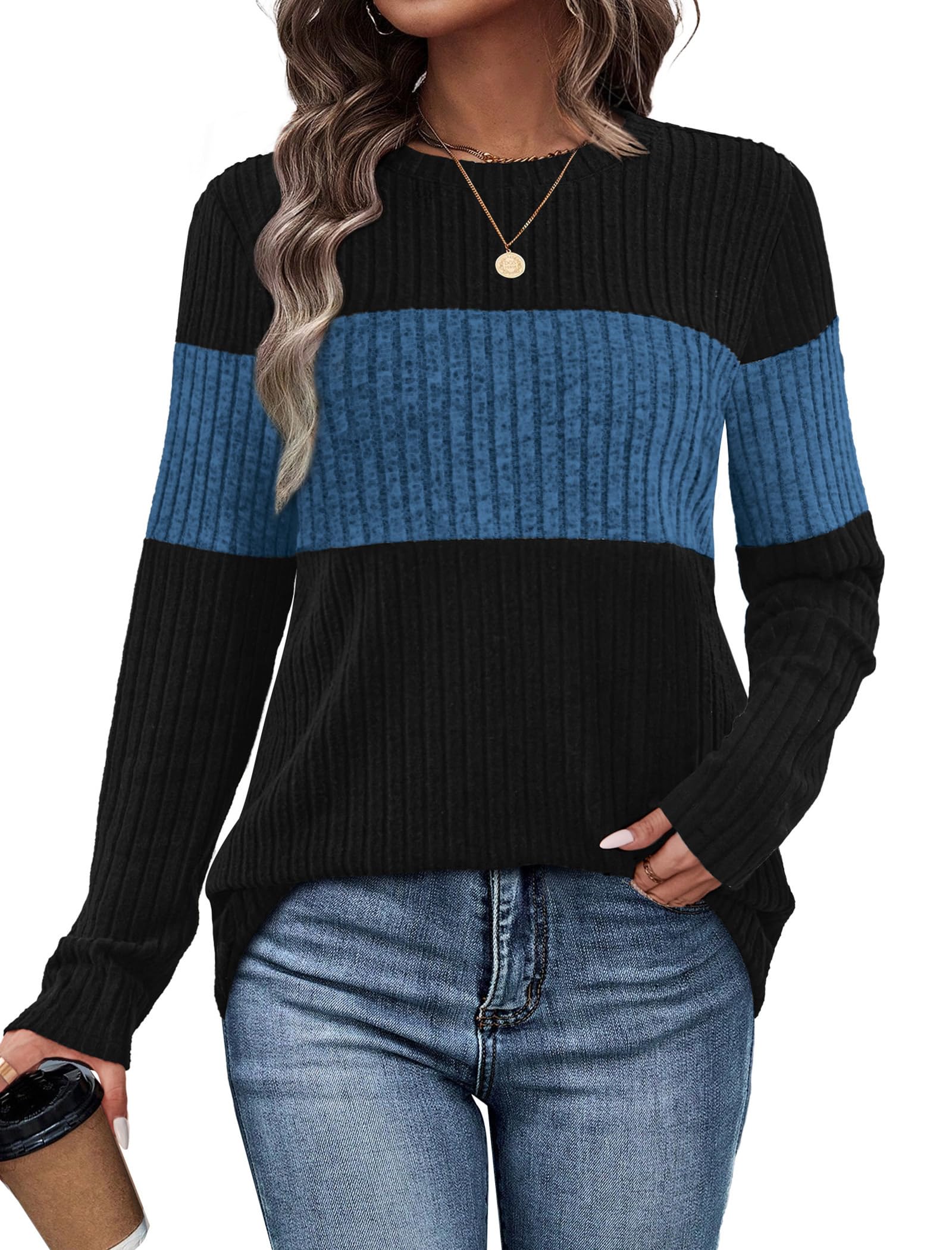 WIHOLL Womens Sweaters Trendy Color Block Tops Long Sleeve Shirts Fall Outfits Early Fall Fashion 2025 Winter Clothing